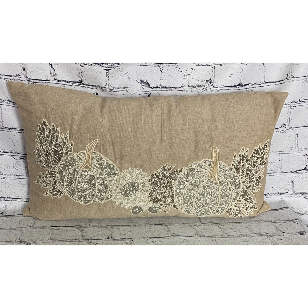 Devi Designs Beaded Fall‎  Pumpkins Thanksgiving Boho Throw Pillow Beige 25x10